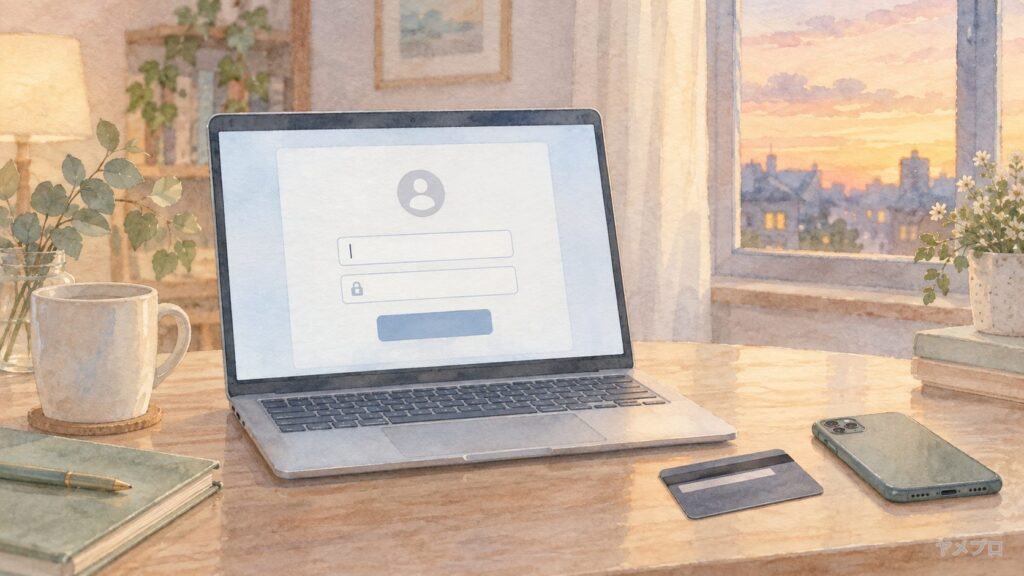 ログイン画面が映ったノートパソコンと、そばに置かれたクレジットカードとスマートフォン