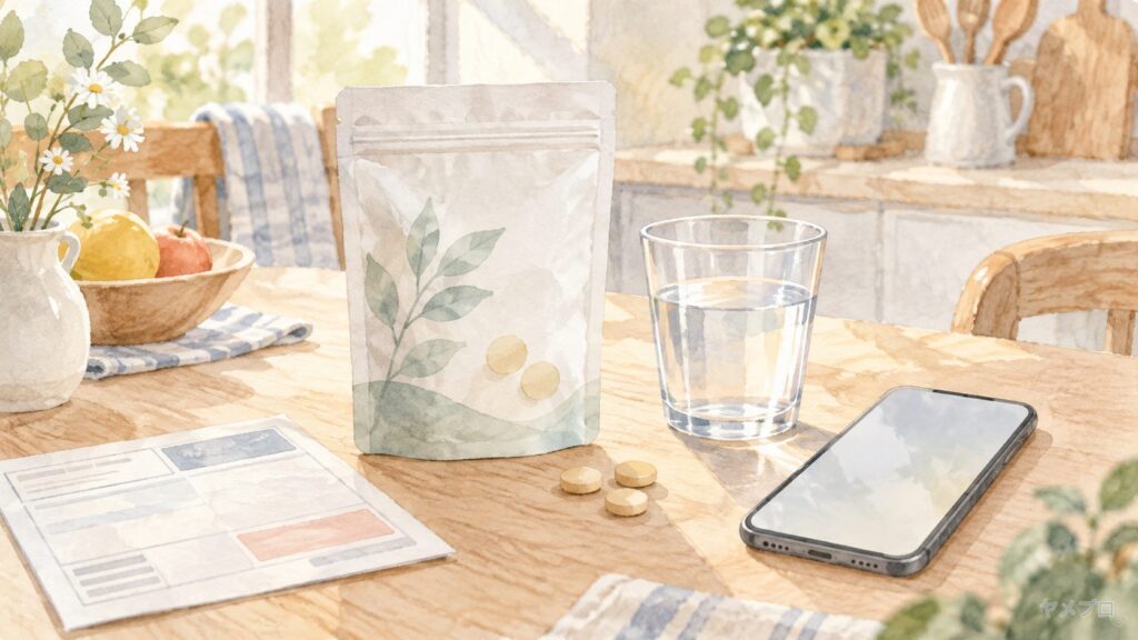 食卓に置かれたサプリメントの袋と水のグラス、スマートフォンと納品書